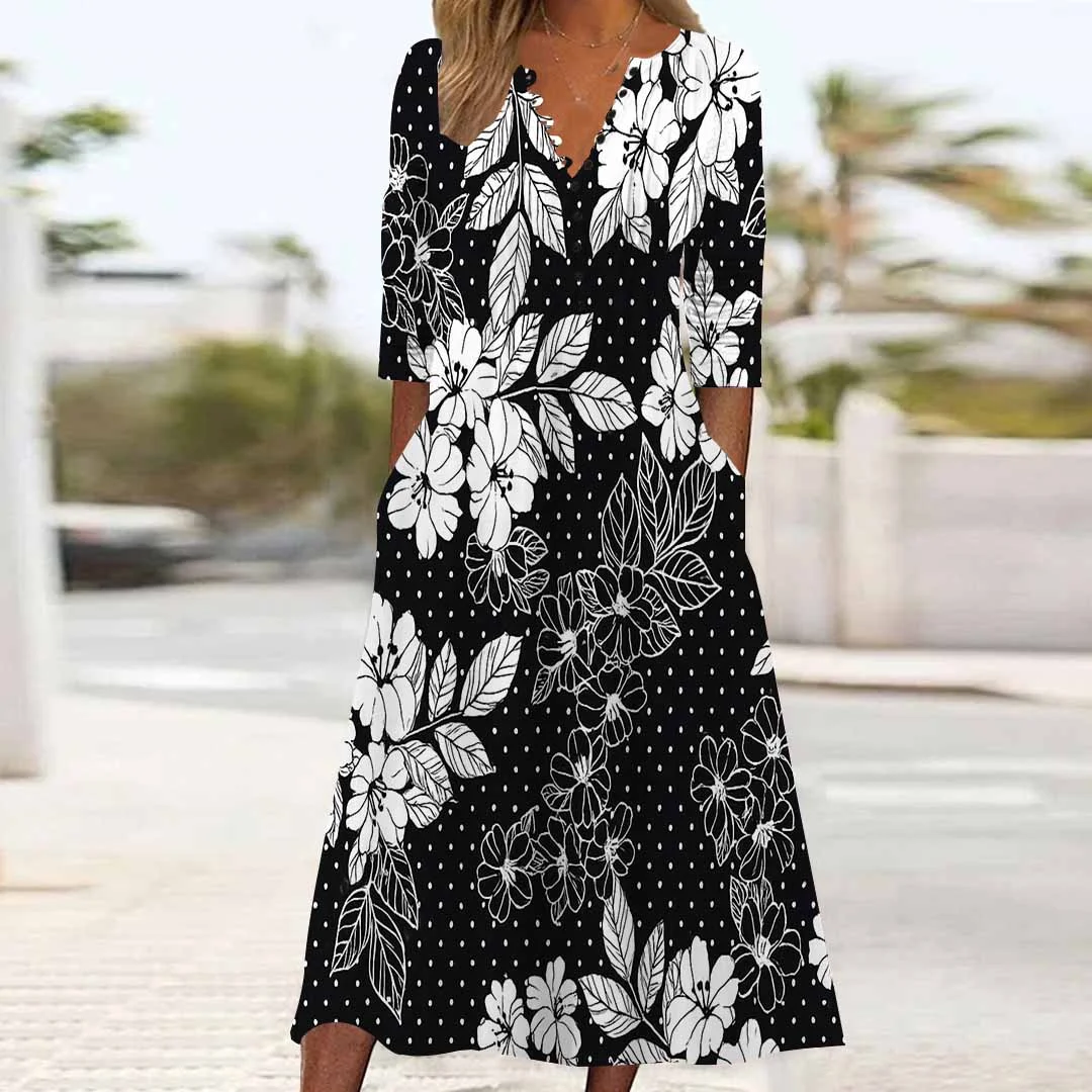 Women Floral,Black DZHB8241 Long Sleeve V-Neck Graphic Printed Midi Dress