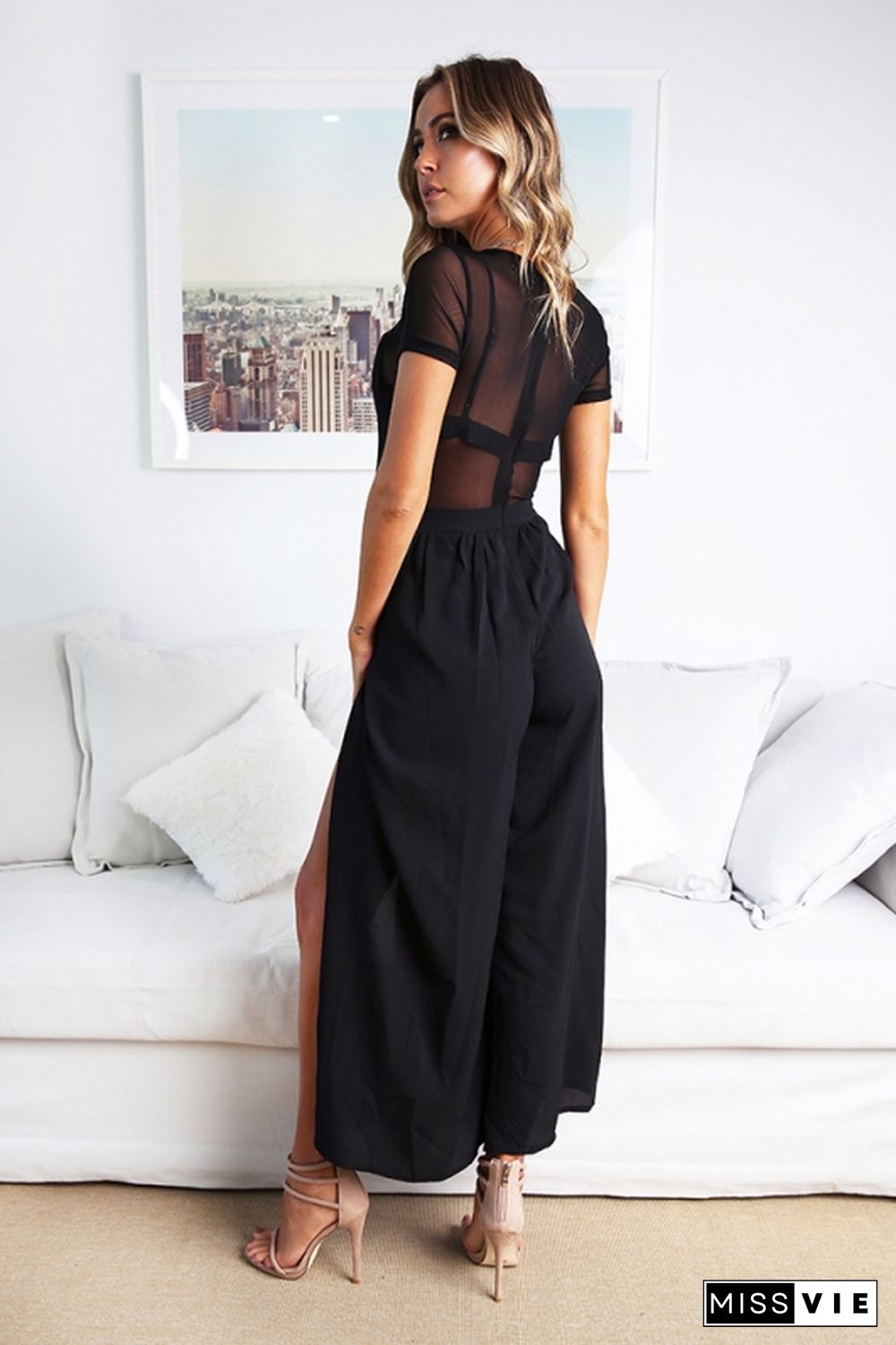 Women's Elegant Pure Color Chiffon Slit Jumpsuit
