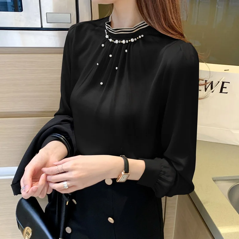 Autumn Long Sleeve Blouse Women Blusas Mujer De Moda 2023 Beading Stand Collar Chiffon Blouse Shirt Top Women Clothes Blusa D 537