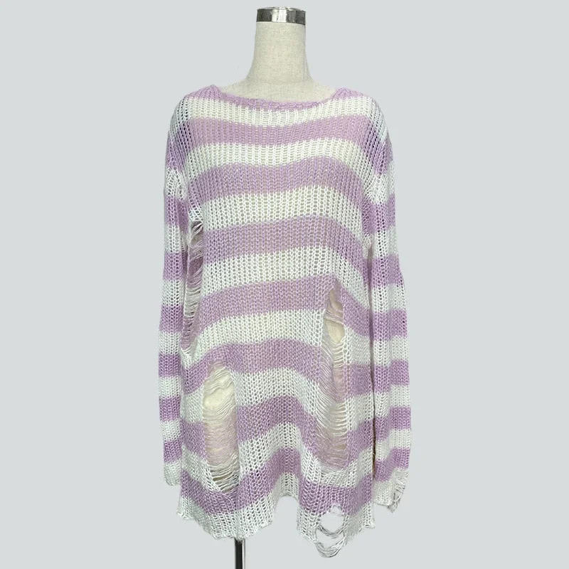 2021 Women Man  Sweater Dress Punk Gothic Long Unisex Cool Hollow Out Hole Broken Striped Jumper Loose Rock Thin Sweater