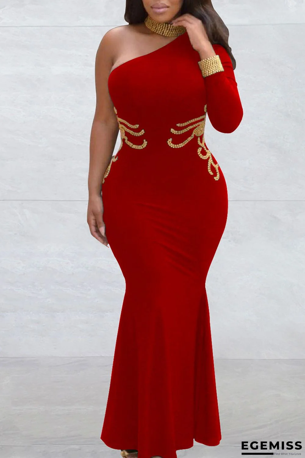 Red Elegant Solid Patchwork Hot Drill Oblique Collar Long Dress Dresses | EGEMISS