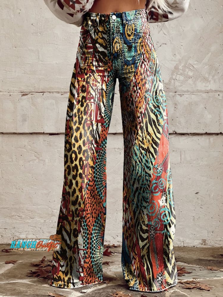 Women’s Vintage Western Pattern Print Casual Wide Leg Pants Multicolor / S