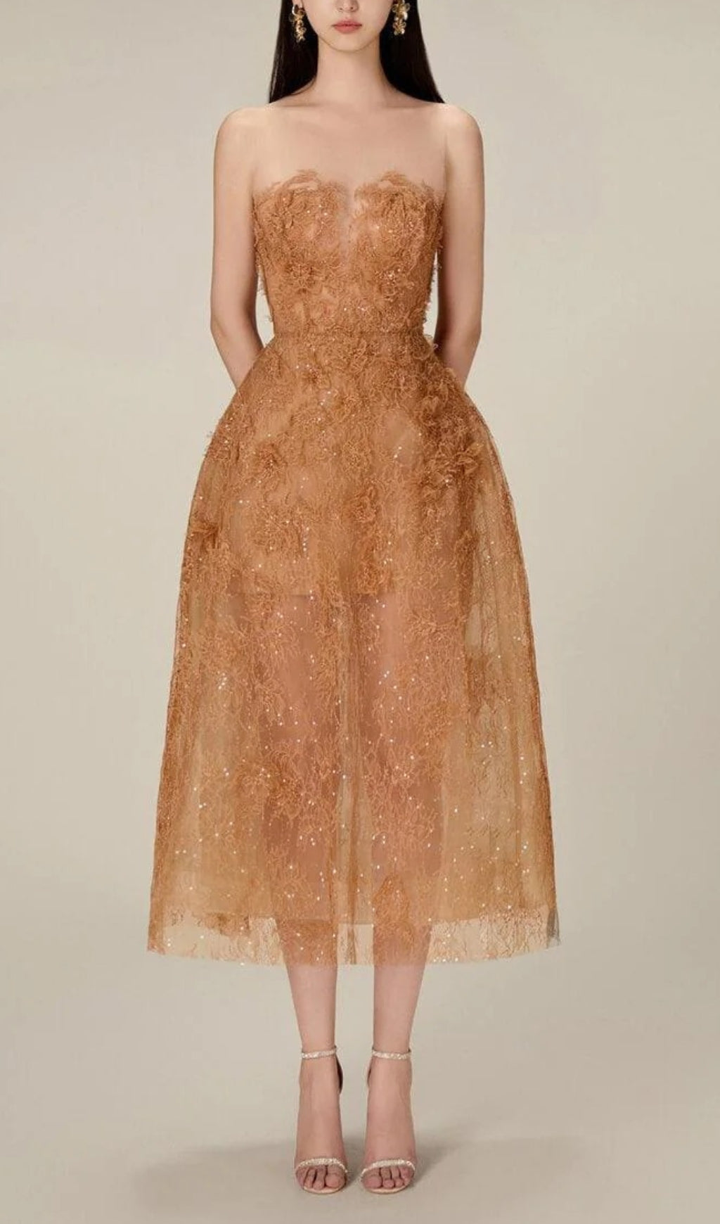 Allyson Caramel Floral Lace Embroider Midi Dress Fashionslee