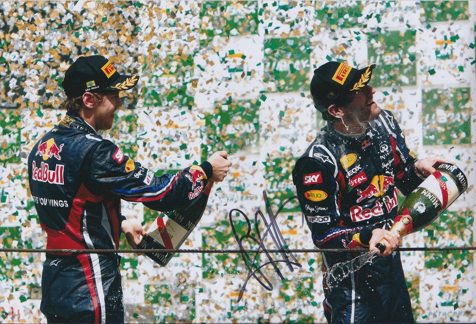 Sebastian VETTEL SIGNED Team Podium WIN 12x8 Photo Poster painting Red Bull AFTAL Autograph COA