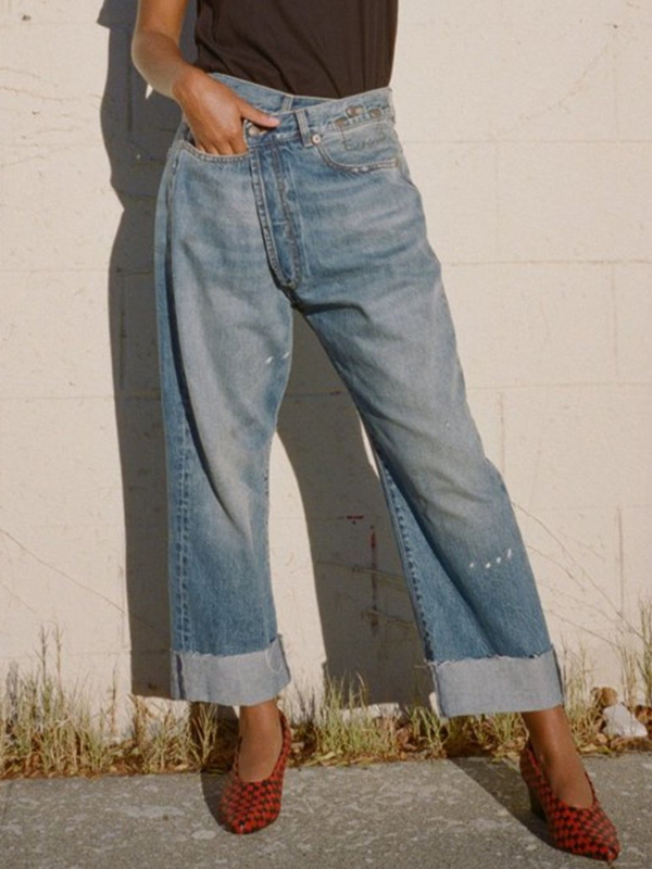 Asymmetric Low Rise Vintage Cross Button Cropped Jeans tjj Shicloths