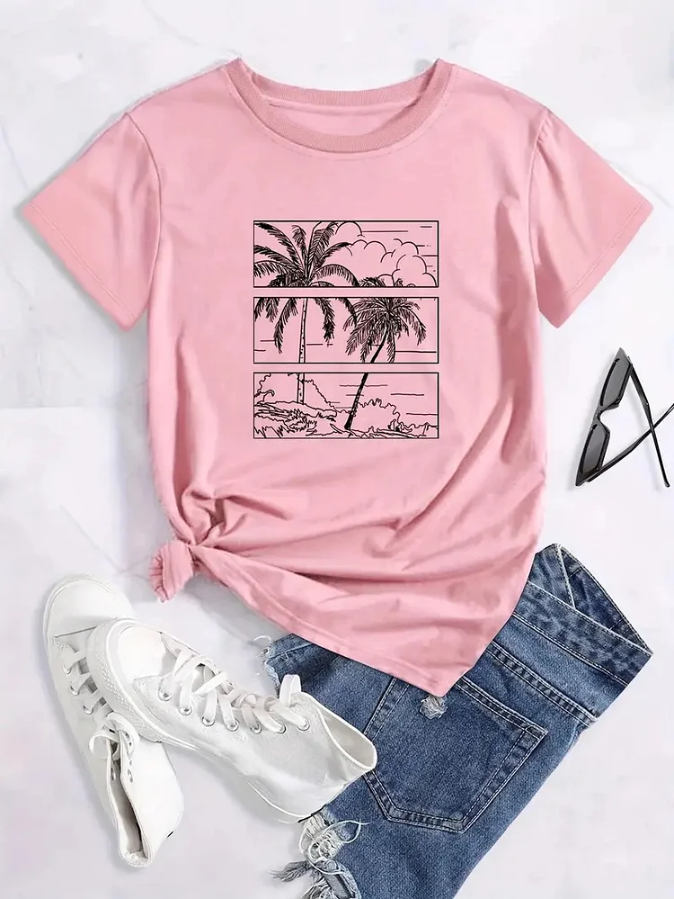 Coconut Tree Print Womens T-Shirt - Lightweight & Breathable, Short Sleeve Crew Neck Top - Perfect Summer & Spring Casual Wear for Stylish Women