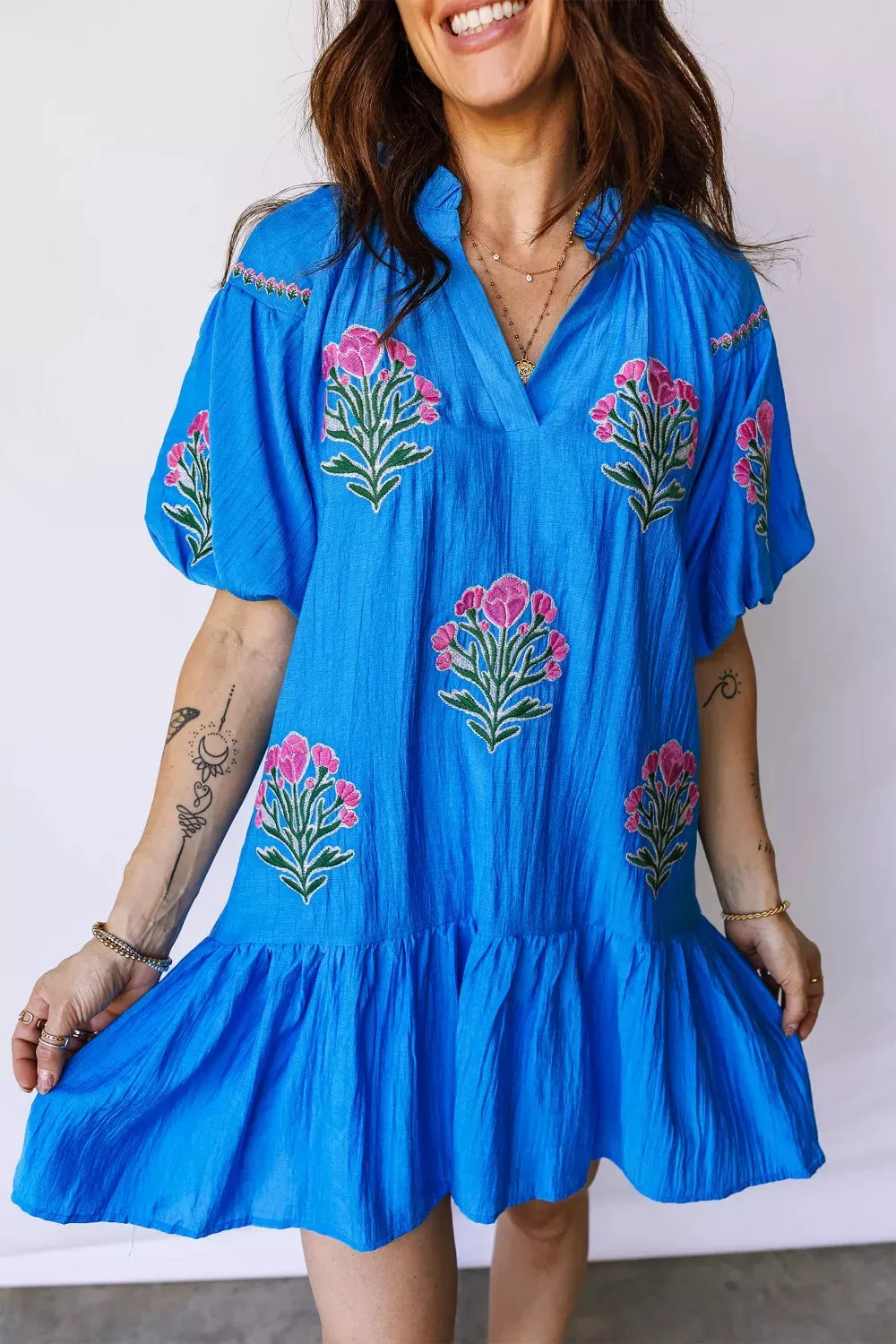Flower Embroidered Split Neck Short Puff Sleeve Ruffle Hem Dress mysite idetrend