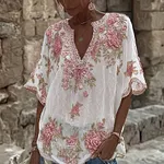 Women's Spring Floral Embroidered Art Print Flowy Linen Blend Casual Tops - Image 3