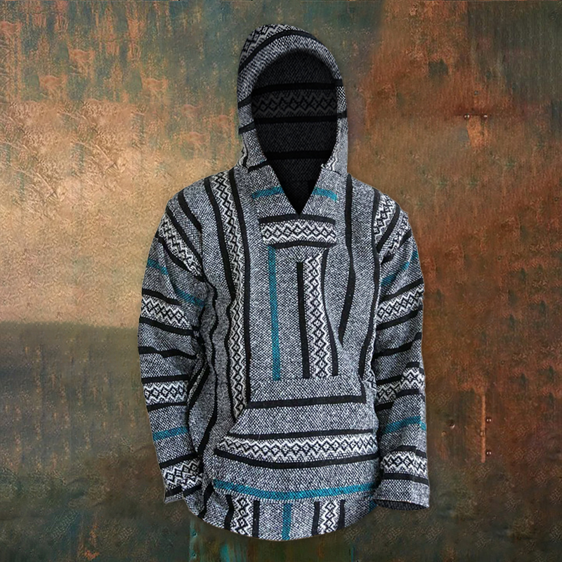 Comstylish Men's Charcoal Greca Baja Mexican Poncho Chunky Unisex Hoodie