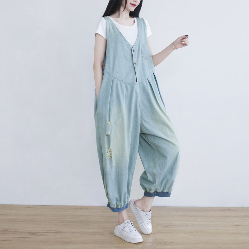 Loose Denim Sleeveless V-Neck Jumpsuit