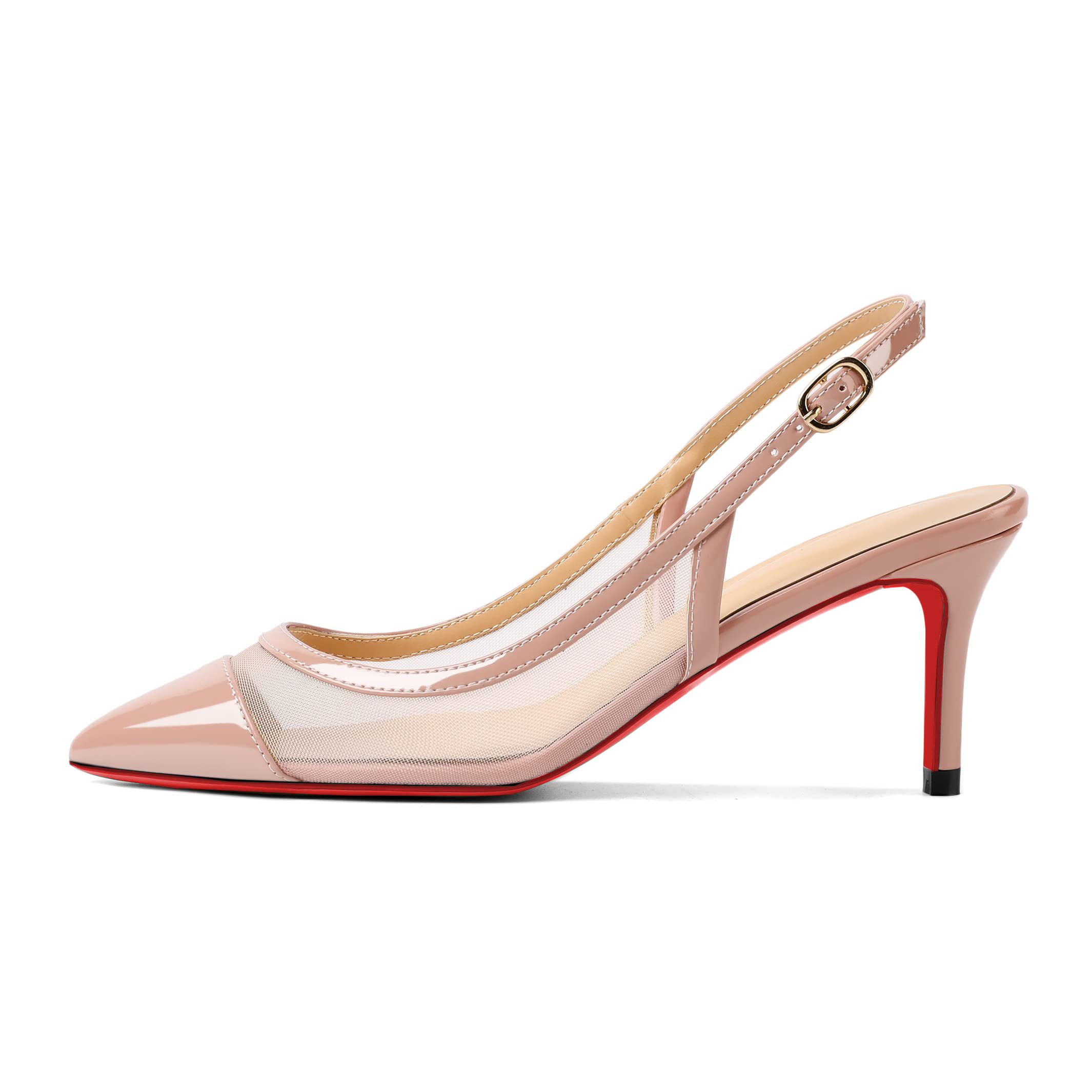 65mm Women's Pointed Toe Kitten Heel Ankle Buckle Pumps Mesh Red Bottom Patent Shoes-MERUMOTE