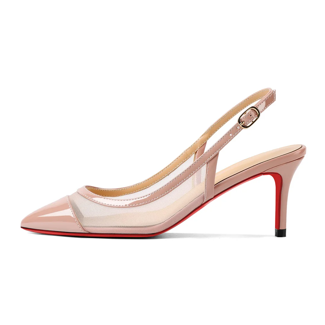 65mm Women's Pointed Toe Kitten Heel Ankle Buckle Pumps Mesh Red Bottom Patent Shoes-MERUMOTE
