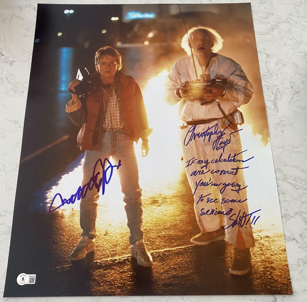 MICHAEL J. FOX CHRISTOPHER LLOYD SIGNED AUTOGRAPH RARE QUOTE 16x20 Photo Poster painting BECKETT