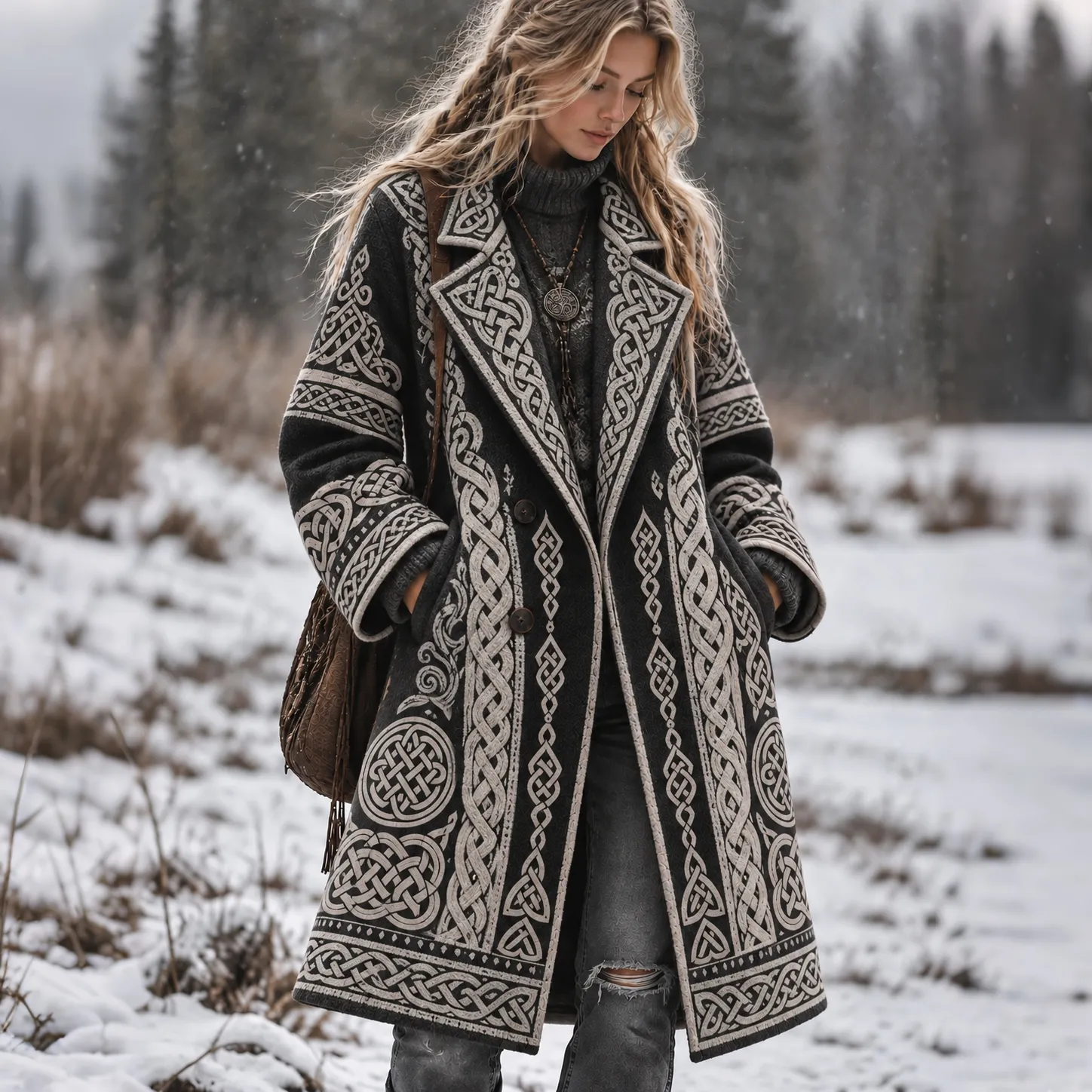 Comstylish Women's Retro Viking Celtic Knot Pattern Art Cozy Coat