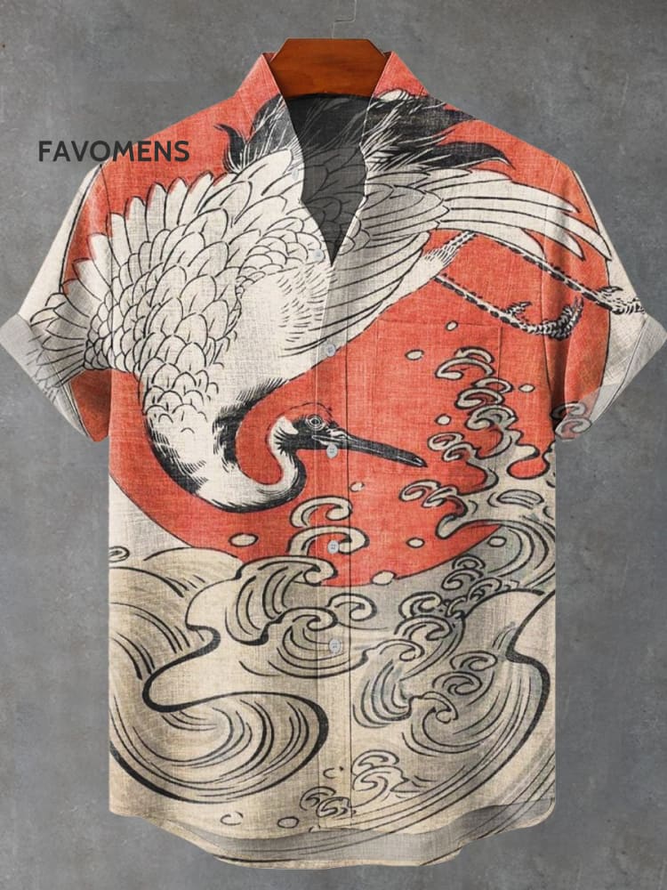 Vintage Japanese Art Ukiyoe Crane And Wave Print Casual 100% Cotton Shirt Multicolor / S