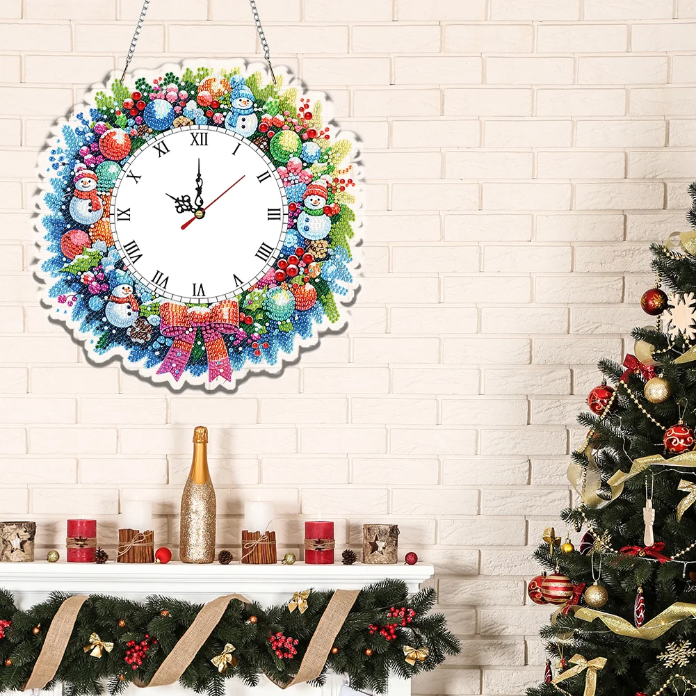 2D Flat DIY Christmas Snowman Acrylic Diamond Painting Clock Pendant Home Decor