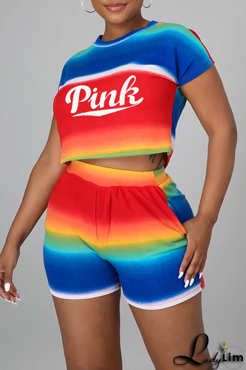 Rainbow Color Casual Print Patchwork O Neck Short Sleeve Two Pieces