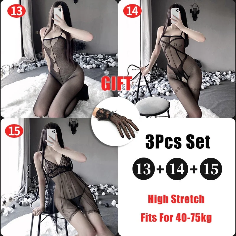OJBK 3Pcs Sexy Lingerie Set Open Crotch Stretch Mesh Body Stockings 15 Style Teddies Bodysuit Erotic Outfit Plus Size Underwear