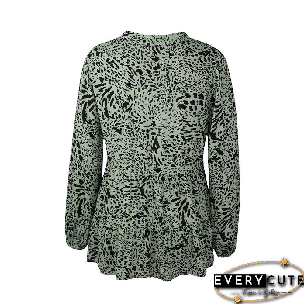 Original Design Green Floral Print V Neck Tunic Tops