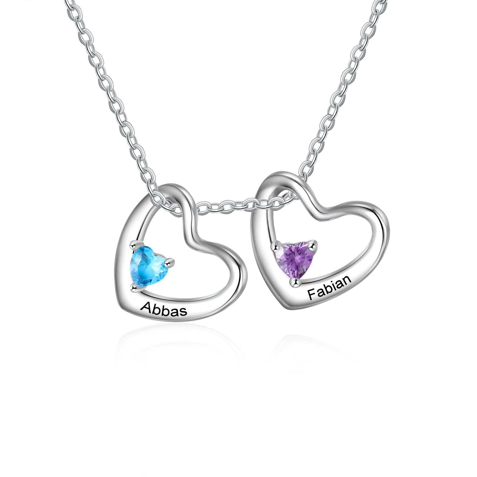 Personalized Heart Necklace With 2 Heart Birthstones Engraved Names ...