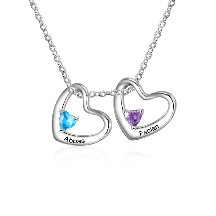 Personalized Heart Necklace With 2 Heart Birthstones Engraved Names Gift For Women