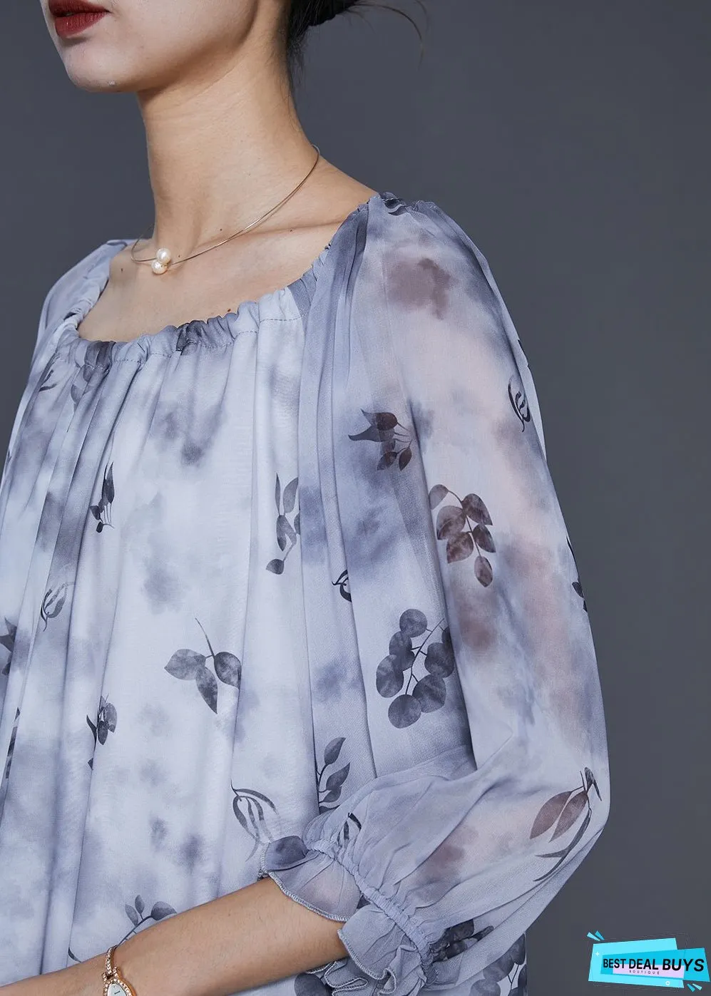 Women Grey Print Tie Dye Chiffon Long Dress Half Sleeve