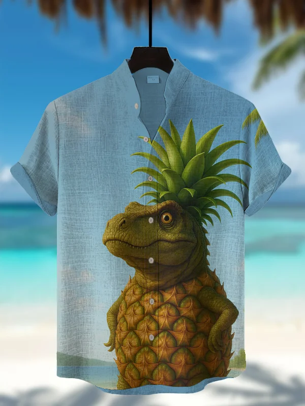 Men's Pineapple Dinosaur On Vacation Art Print Short Sleeve Shirt