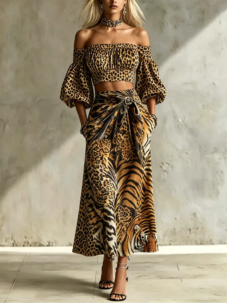 Women's Elegant Off-Shoulder Print Two-piece Set