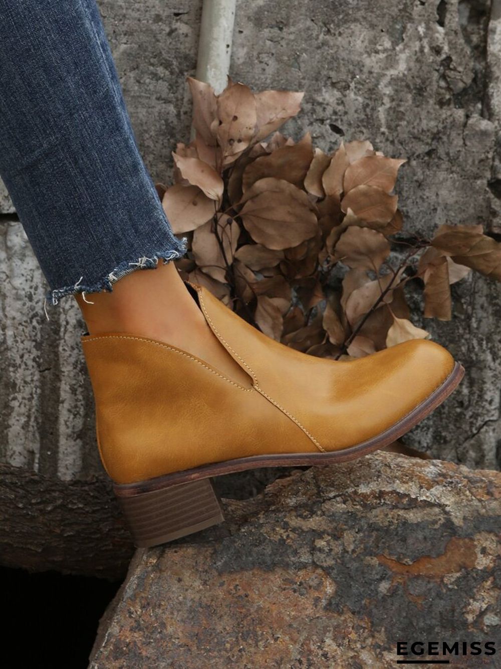 Retro Distressed Polished Color Zipper Thick Heel Pointed Ankle Boots | EGEMISS