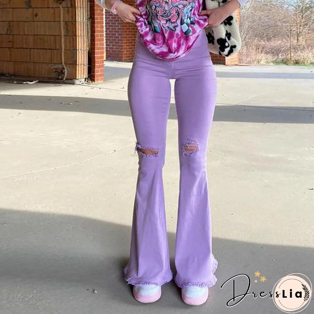 High Waist Plain Hole Elastic Pants