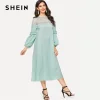 SHEIN Turquoise Lace Yoke Pearl Beading Lantern Sleeve Belted Long Dress Spring Women Solid Laser Cut Hollow Out Midi Dresses