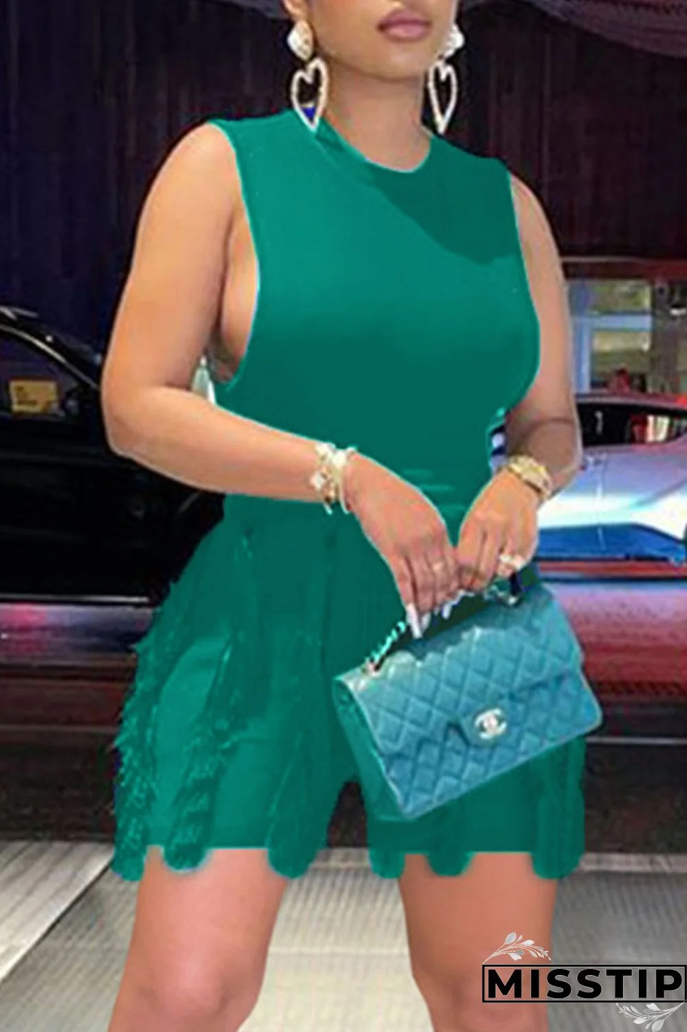 Ink Green Fashion Casual Solid Tassel Patchwork O Neck Two Pieces
