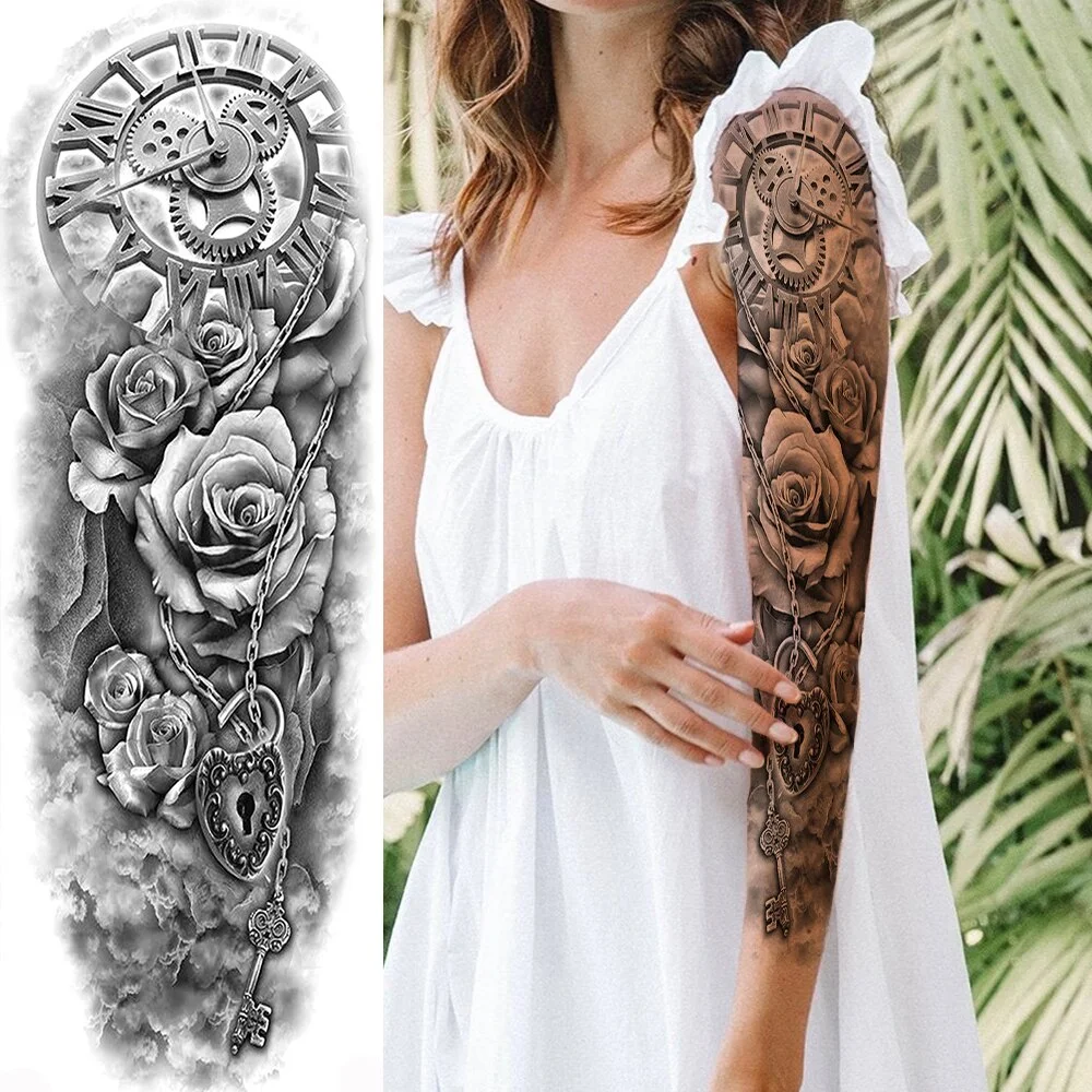 Sdrawing Temporary Tattoos Sleeve For Men Women Skeleton King Warrior Full Arm Tattoos Sticker War Black Fake Tatoos Long Sleeve