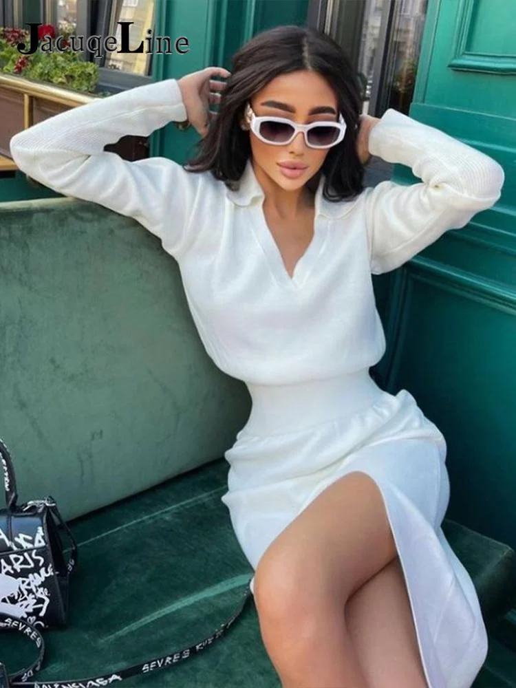 Jacuqeline Spring 2022 V Neck Sexy Split MIdi Knitted Dress Women Y2K Green Long Sleeve Elastic Waist Elegant Party Dresses