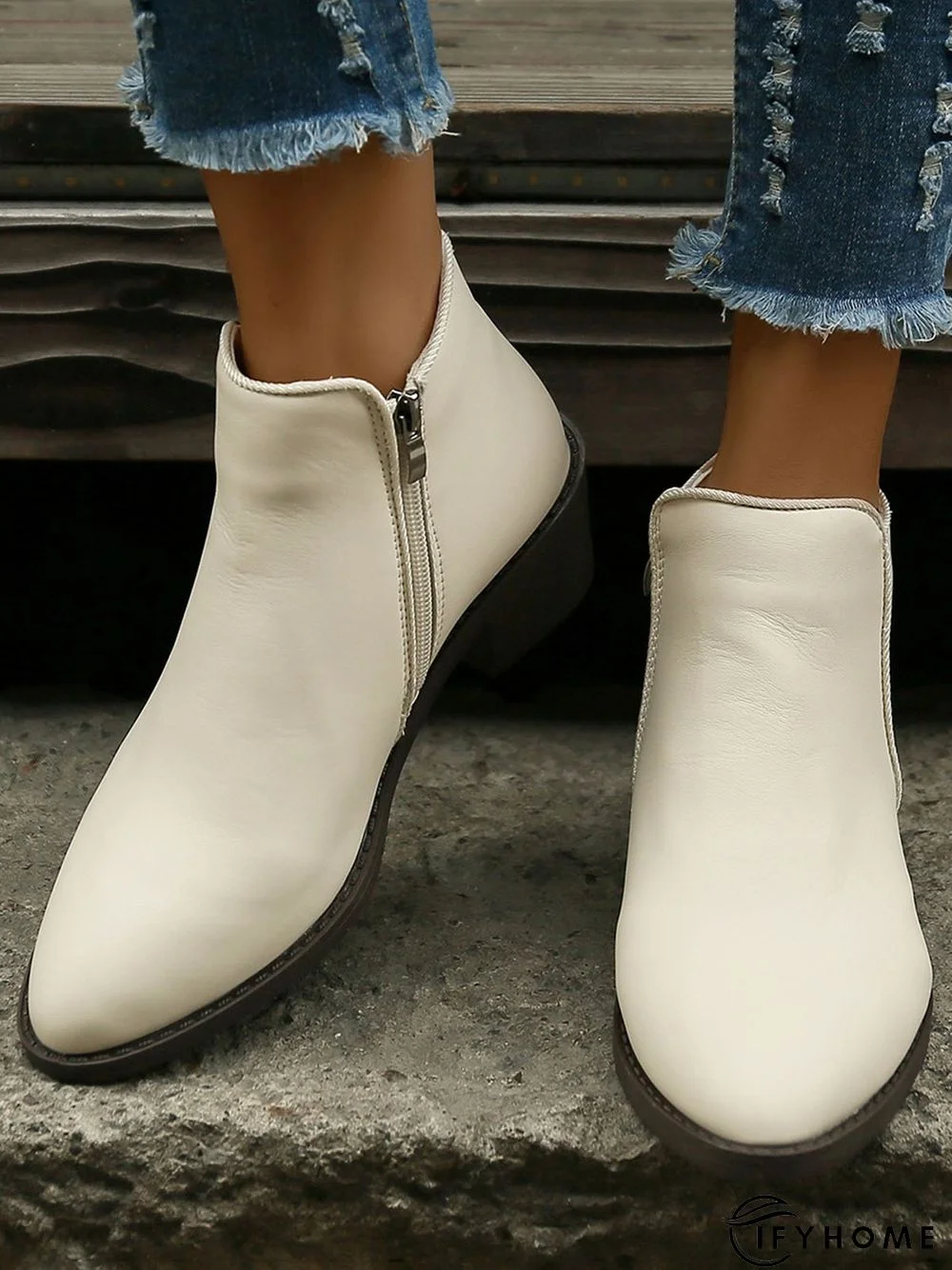 Simple Zipper Pointed Toe Chunky Heel Booties | IFYHOME