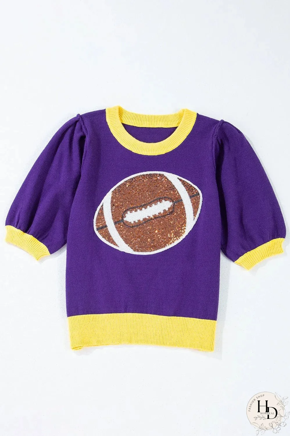 Purple Sequin Rugby Color Block Puff Short Sleeve Sweater