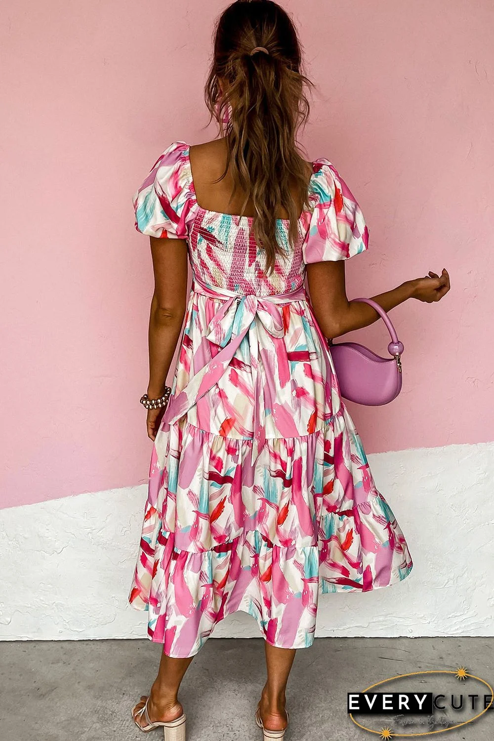 Pink Brush Stroke Printed Smocked Ruffle Tiered Dress