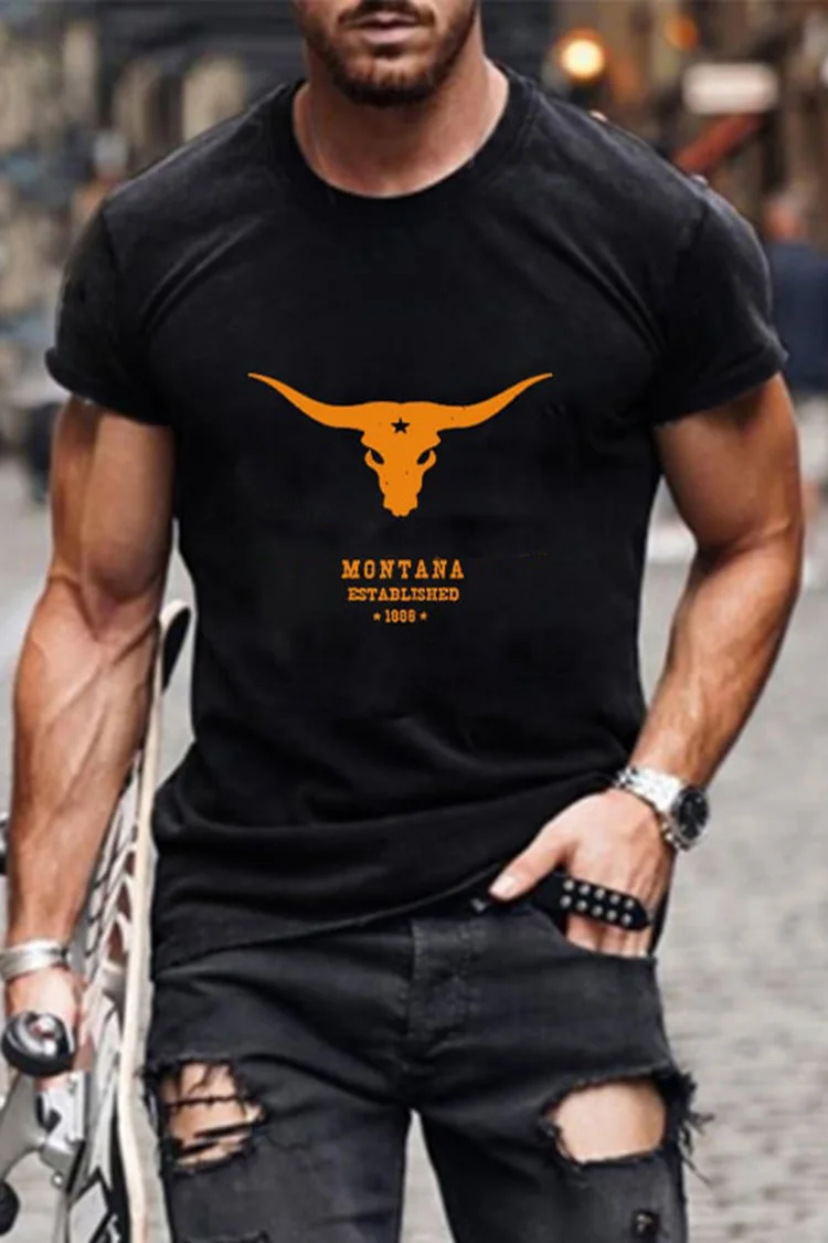 Western Bull Head Monogram Print Short Sleeves T-Shirt