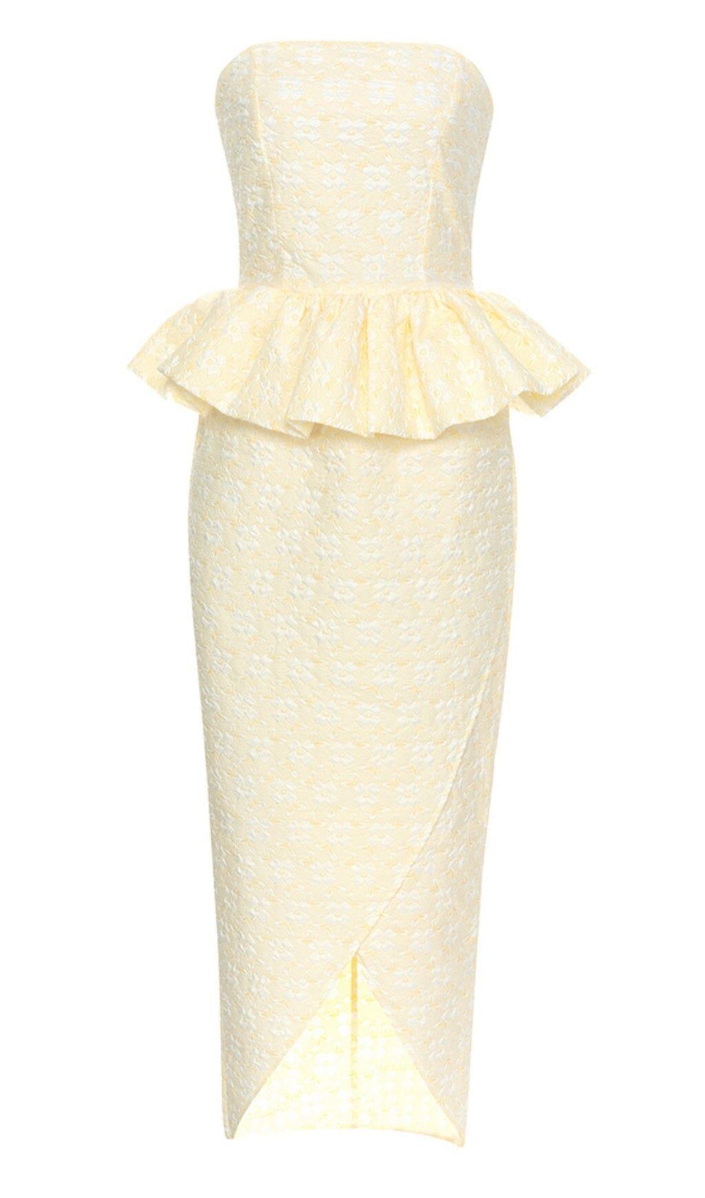 STRAPLESS RUFFLE MIDI DRESS IN IVORY