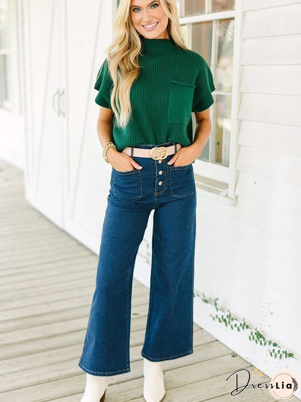 Green Ribbed Knit Short Sleeve Sweater with Patch Pocket