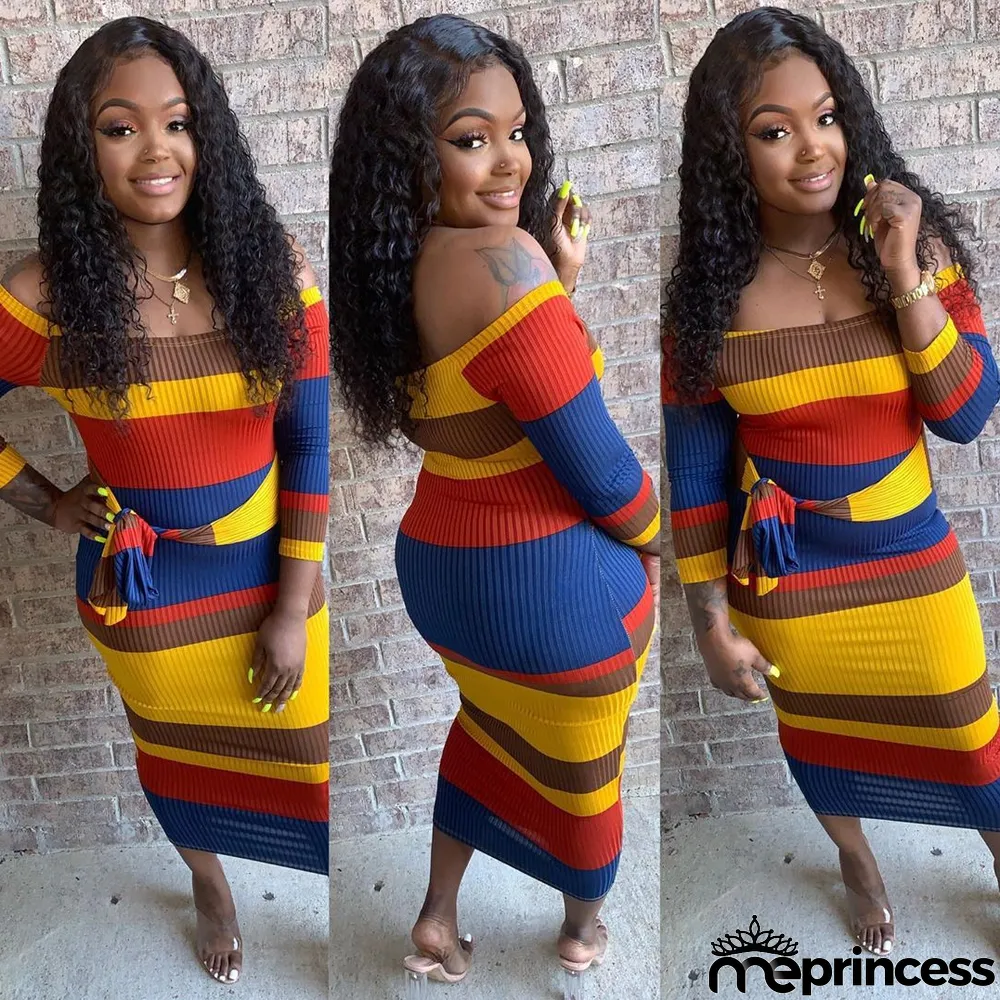 Colorful Stripe Slash Neck Long Sleeves Maxi Dress
