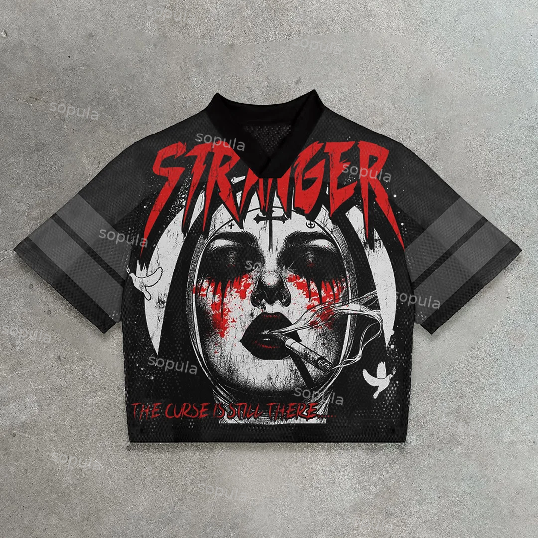 Vintage The Curse Is Still There Graphics Blokecore Football Jersey T-shirt - SOPULA