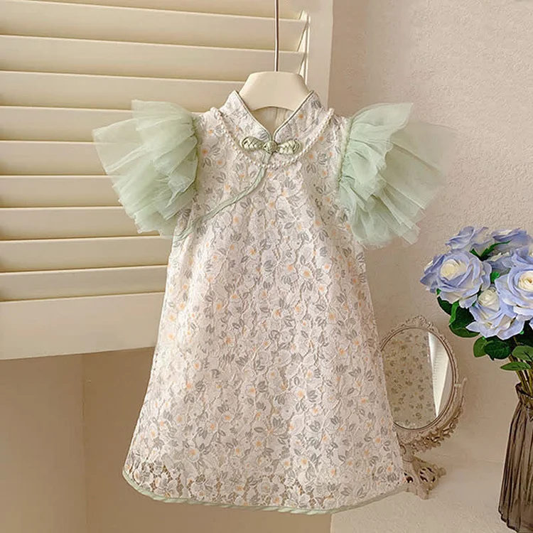 Toddler Girls Vintage Floral Print Tulle Sleeve Cheongsam Dress - Modakawa modakawa