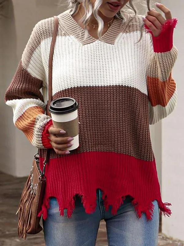 Drop Shoulder Colorblock Frayed Sweater