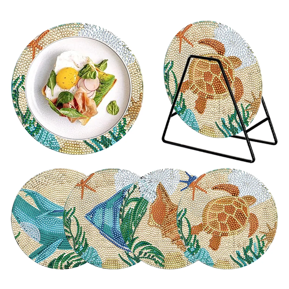 4 PCS DIY Marine Life Wooden Diamond Painted Placemats with Holder