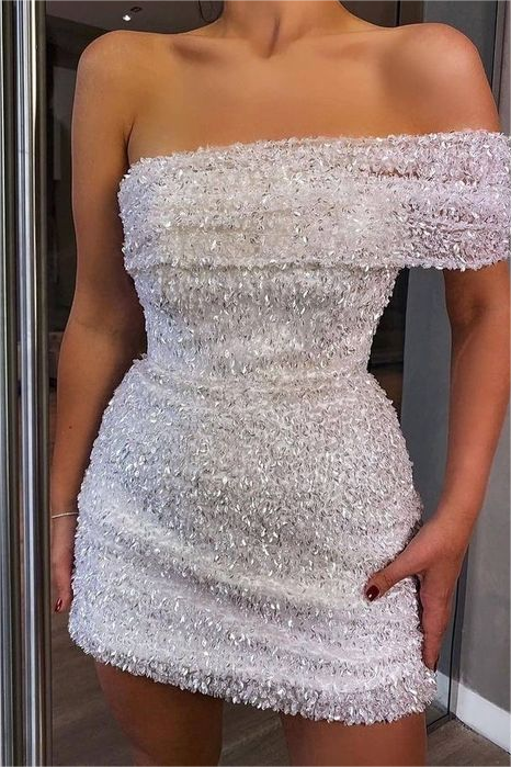 Lvs&Broner White Sequins One Shoulder Strapless Pleated Short Homecoming Dress with Beadings