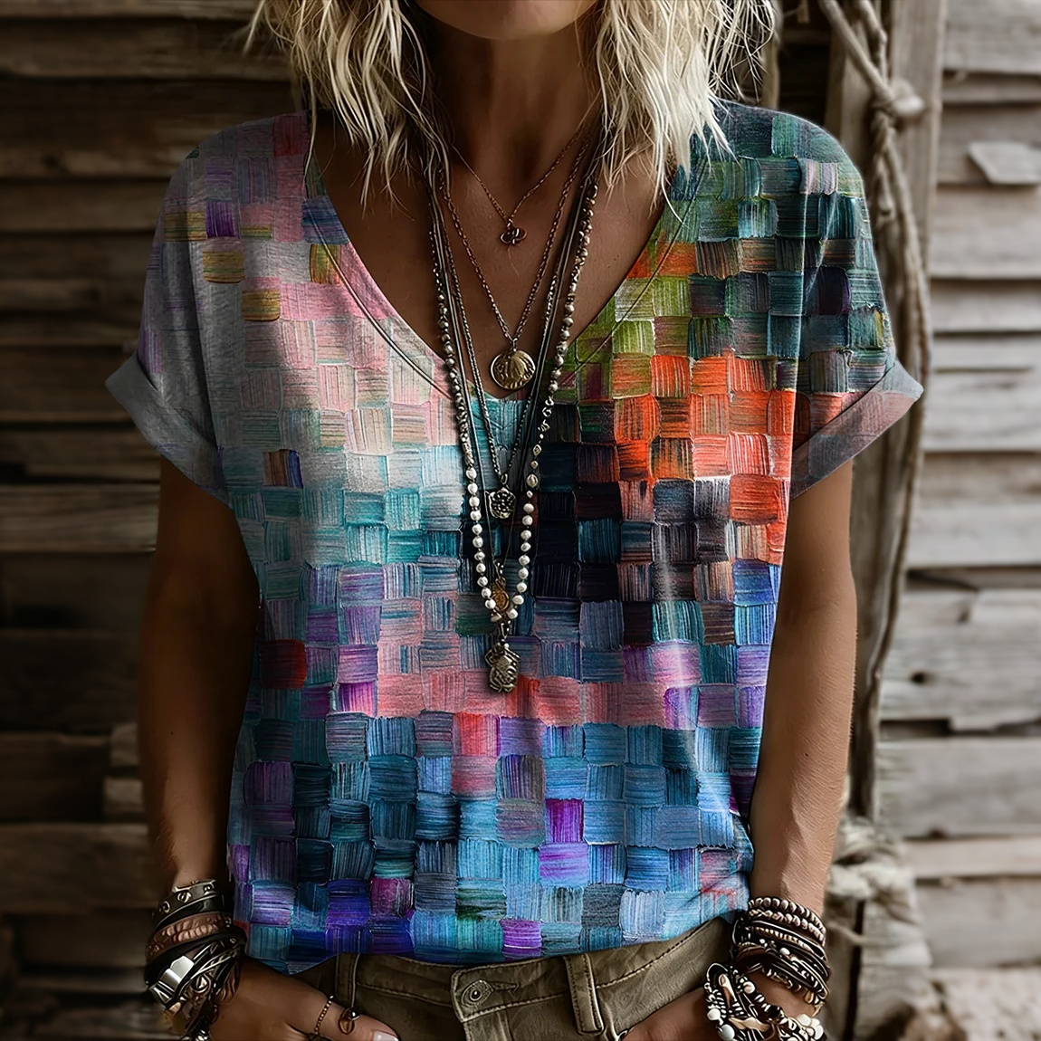 Comstylish Women's Geometric Art Print Crew Neck Short Sleeve T-shirt