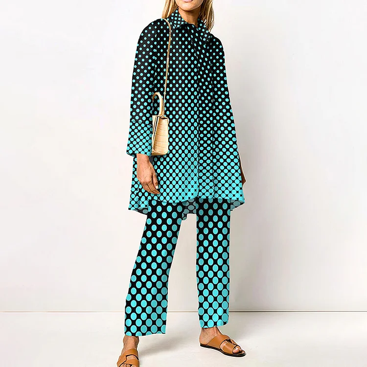 Gradient Polka Dot Print Long Sleeve Two-Piece Set