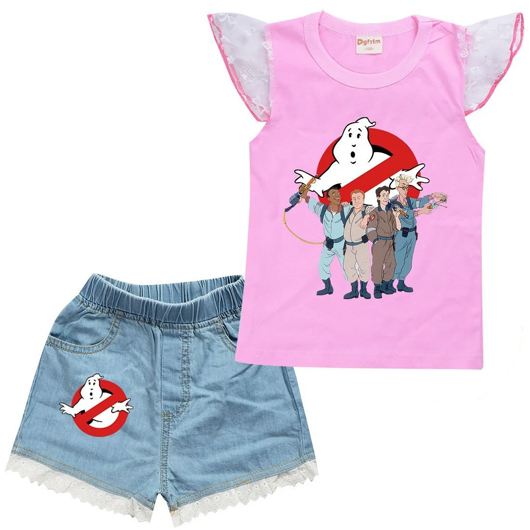 Ghostbusters Print Girls Ruffle Shoulder Tank Top Denim Shorts Sets