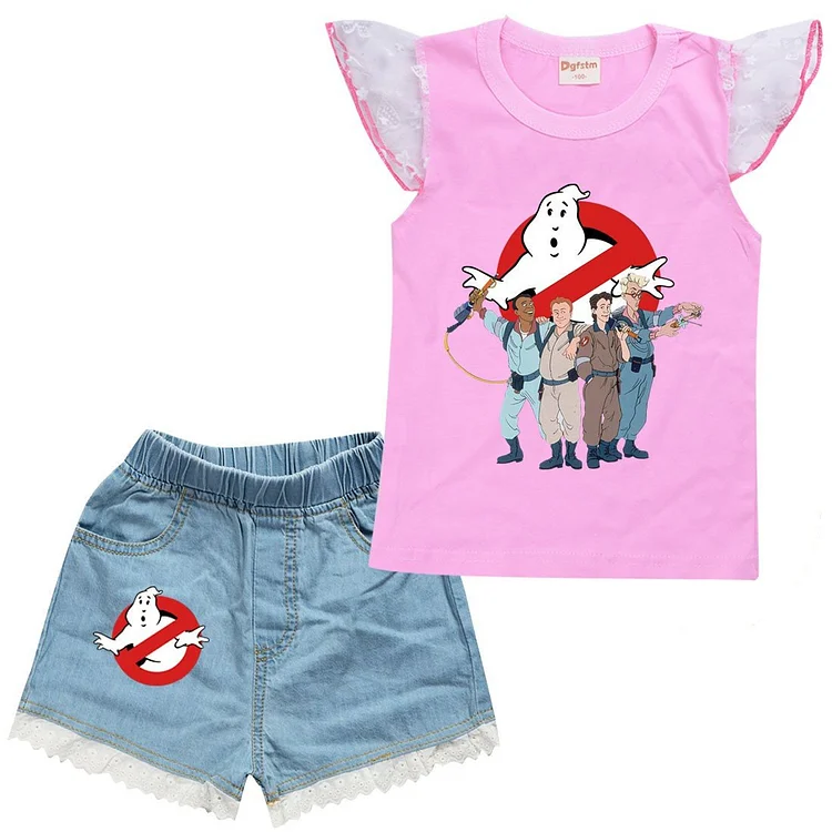 Ghostbusters Print Girls Ruffle Shoulder Tank Top Denim Shorts Sets-Mayoulove